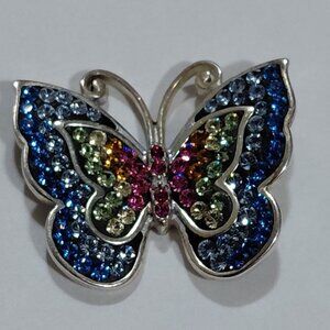 Sterling Silver Butterfly Pendant Charm 1" Multicolored Rhinestones JMC Thailand